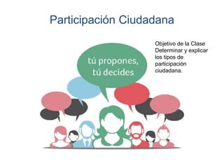 Participación Ciudadana
Objetivo de la Clase
Determinar y explicar
los tipos de
participación
ciudadana.
 