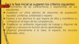 Para la fase inicial se sugieren los criterios siguientes:
 Conocimiento de las características y experiencias de sus
estudiantes.
 Establecer un clima afectivo de relaciones de aceptación,
equidad, confianza, solidaridad y respeto.
 Expresa a sus alumnos lo que espera de ellos y manifiesta su
confianza en el logro de las competencias.
 Establecer un ambiente organizado de trabajo y disponer de
espacios y recursos en función de los aprendizajes.
 Organiza previamente a la clase, el espacio, los recursos
materiales, otros.
 