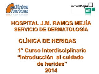 HOSPITAL J.M. RAMOS MEJÍAHOSPITAL J.M. RAMOS MEJÍA
SERVICIO DE DERMATOLOGÍASERVICIO DE DERMATOLOGÍA
1° Curso Interdisciplinario1° Curso Interdisciplinario
““Introducción al cuidadoIntroducción al cuidado
de heridas”de heridas”
20142014
CLÍNICA DE HERIDASCLÍNICA DE HERIDAS
 