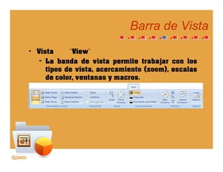 Barra de VistaBarra de Vista
• Vista ¨View¨Vista View
– La banda de vista permite trabajar con los
tipos de vista, acercamiento (zoom), escalas
d l tde color, ventanas y macros.
 