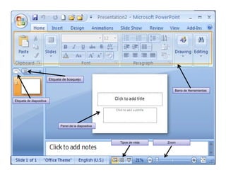 Etiqueta de bosquejo
Barra de Herramientas
Etiqueta de diapositiva
Panel de la diapositiva
Tipos de vista ZoomTipos de vista Zoom
 