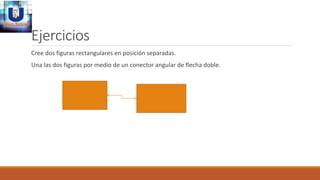 Ejercicios
Cree dos figuras rectangulares en posición separadas.
Una las dos figuras por medio de un conector angular de flecha doble.
 