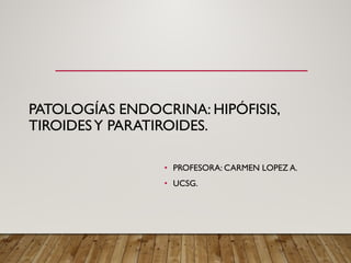 PATOLOGÍAS ENDOCRINA: HIPÓFISIS,
TIROIDESY PARATIROIDES.
• PROFESORA: CARMEN LOPEZ A.
• UCSG.
 