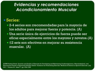 Evidencias y recomendaciones
                 Acondicionamiento Muscular

 Series:
   2-4 series son rrecomendadas para la mayoria de
    los adultos para mejorar fuerza y potencia. (A)
   Una serie única de ejercicios de fuerza puede ser
    eficaz especialmente entre los mayores y novatos.(A)
   ≤2 sets son efectivos en mejorar su resistencia
    muscular. (A)



ACSM Position Stand. Quantity and Quality of Exercise for Developing and Maintaining Cardiorespiratory, Musculoskeletal, and
Neuromotor Fitness in Apparently Healthy Adults: Guidance for Prescribing Exercise. Medicine & Science in Sports & Exercise: July
2011 - Volume 43 - Issue 7 - pp 1334-1359
 