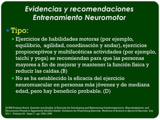Evidencias y recomendaciones
                   Entrenamiento Neuromotor
 Tipo:
      Ejercicios de habilidades motoras (por ejemplo,
       equilibrio, agilidad, coordinación y andar), ejercicios
       propioceptivos y multifacéticas actividades (por ejemplo,
       taichi y yoga) se recomiendan para que las personas
       mayores a fin de mejorar y mantener la función física y
       reducir las caídas.(B)
      No se ha establecido la eficacia del ejercicio
       neuromuscular en personas más jóvenes y de mediana
       edad, pero hay beneficio probable. (D)

ACSM Position Stand. Quantity and Quality of Exercise for Developing and Maintaining Cardiorespiratory, Musculoskeletal, and
Neuromotor Fitness in Apparently Healthy Adults: Guidance for Prescribing Exercise. Medicine & Science in Sports & Exercise: July
2011 - Volume 43 - Issue 7 - pp 1334-1359
 