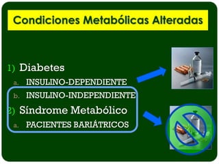 Condiciones Metabólicas Alteradas



1) Diabetes
 a.   INSULINO-DEPENDIENTE
 b.   INSULINO-INDEPENDIENTE
2) Síndrome Metabólico
 a.   PACIENTES BARIÁTRICOS
 