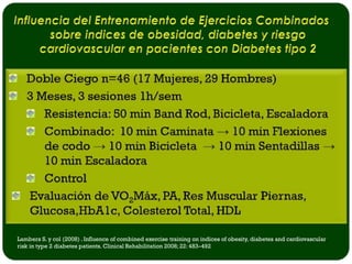 Lambers S. y col (2008) . Influence of combined exercise training on indices of obesity, diabetes and cardiovascular
risk in type 2 diabetes patients. Clinical Rehabilitation 2008; 22: 483–492
 