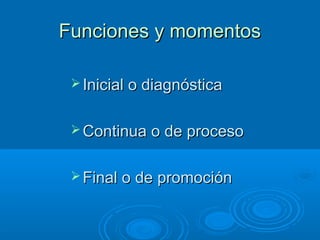 Funciones y momentosFunciones y momentos
 Inicial o diagnósticaInicial o diagnóstica
 Continua o de procesoContinua o de proceso
 Final o de promociónFinal o de promoción
 