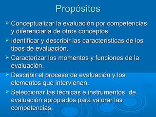 PropósitosPropósitos
 Conceptualizar la evaluación por competenciasConceptualizar la evaluación por competencias
y diferenciarla de otros conceptos.y diferenciarla de otros conceptos.
 Identificar y describir las características de losIdentificar y describir las características de los
tipos de evaluación.tipos de evaluación.
 Caracterizar los momentos y funciones de laCaracterizar los momentos y funciones de la
evaluación.evaluación.
 Describir el proceso de evaluación y losDescribir el proceso de evaluación y los
elementos que intervienen.elementos que intervienen.
 Seleccionar las técnicas e instrumentos deSeleccionar las técnicas e instrumentos de
evaluación apropiados para valorar lasevaluación apropiados para valorar las
competencias.competencias.
 