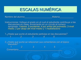 ESCALAS NUMÉRICAESCALAS NUMÉRICA
Nombre del alumno______________________Materia___________Nombre del alumno______________________Materia___________
Instrucciones: Indique el grado en el cual el estudiante contribuye a lasInstrucciones: Indique el grado en el cual el estudiante contribuye a las
discusiones en clase, encerrando en un círculo el númerodiscusiones en clase, encerrando en un círculo el número
apropiado.apropiado. Valores: 5 excelente; 4 por arriba del promedio; 3 nivelValores: 5 excelente; 4 por arriba del promedio; 3 nivel
medio; 2 por abajo del nivel medio y 1 insatisfactoriomedio; 2 por abajo del nivel medio y 1 insatisfactorio
1.¿Hasta que punto el estudiante participa en las discusiones?1.¿Hasta que punto el estudiante participa en las discusiones?
1 2 3 4 51 2 3 4 5
2.¿Hasta qué punto se relacionan sus comentarios con el tópico2.¿Hasta qué punto se relacionan sus comentarios con el tópico
discutido?discutido?
1 2 3 4 51 2 3 4 5
Comentario___________________________________Comentario___________________________________
 