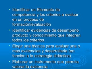 • Identificar un Elemento deIdentificar un Elemento de
competencia y los criterios a evaluarcompetencia y los criterios a evaluar
en un proceso deen un proceso de
formación/evaluaciónformación/evaluación
• Identificar evidencias de desempeñoIdentificar evidencias de desempeño
producto y conocimiento que integrenproducto y conocimiento que integren
todos los criteriostodos los criterios
• Elegir una técnica para evaluar una oElegir una técnica para evaluar una o
más evidencias y desarrollarla (enmás evidencias y desarrollarla (en
función a la estrategia didáctica)función a la estrategia didáctica)
• Elaborar un instrumento que permitaElaborar un instrumento que permita
valorar la evidenciavalorar la evidencia
 