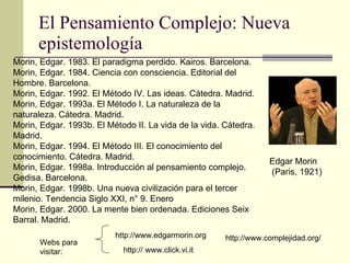 El Pensamiento Complejo: Nueva epistemología Edgar Morin  (Paris, 1921) Morin, Edgar. 1983. El paradigma perdido. Kairos. Barcelona. Morin, Edgar. 1984. Ciencia con consciencia. Editorial del Hombre. Barcelona. Morin, Edgar. 1992. El Método IV. Las ideas. Cátedra. Madrid. Morin, Edgar. 1993a. El Método I. La naturaleza de la naturaleza. Cátedra. Madrid. Morin, Edgar. 1993b. El Método II. La vida de la vida. Cátedra. Madrid. Morin, Edgar. 1994. El Método III. El conocimiento del conocimiento. Cátedra. Madrid. Morin, Edgar. 1998a. Introducción al pensamiento complejo.  Gedisa. Barcelona. Morin, Edgar. 1998b. Una nueva civilización para el tercer milenio. Tendencia Siglo XXI, n° 9. Enero Morin, Edgar. 2000. La mente bien ordenada. Ediciones Seix Barral. Madrid. http://www.edgarmorin.org http://www.complejidad.org/ http://   www.click.vi.it   Webs para  visitar: 