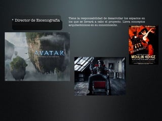 * Director de Escenografía Tiene la responsabilidad de desarrollar los espacios en los que se llevará a cabo el proyecto. Lleva conceptos arquitectónicos en su conocimiento. 