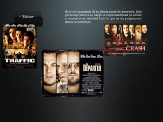 * Editor Es el rol encargado de la última parte del proyecto. Este personaje tiene a su cargo la responsabilidad de armar y convertir en realidad todo lo que se ha programado desde un principio. 