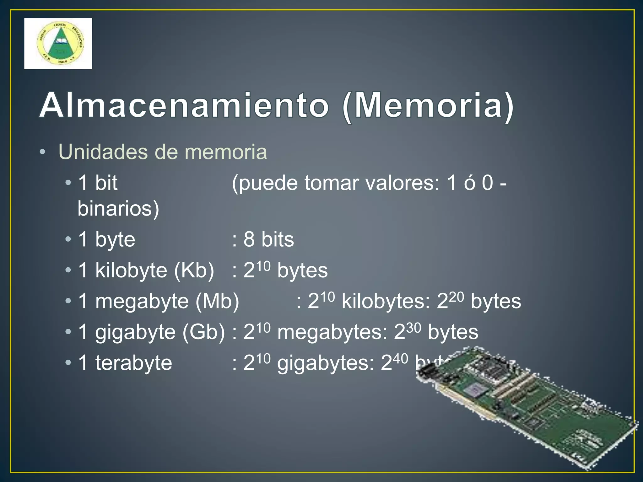 • Unidades de memoria
• 1 bit (puede tomar valores: 1 ó 0 -
binarios)
• 1 byte : 8 bits
• 1 kilobyte (Kb) : 210 bytes
• 1 megabyte (Mb) : 210 kilobytes: 220 bytes
• 1 gigabyte (Gb) : 210 megabytes: 230 bytes
• 1 terabyte : 210 gigabytes: 240 bytes
 