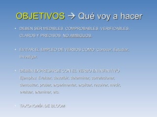 DEBEN SER MEDIBLES, COMPROBABLES, VERIFICABLES, CLAROS Y PRECISOS.  NO AMBIGUOS .  EVITAR EL EMPLEO DE VERBOS COMO: Conocer, Estudiar, Investigar. DEBEN EXPRESARSE CON EL VERBO EN INFINITIVO Ejemplos: Evaluar, describir, determinar, correlacionar, demostrar, probar, experimentar, explicar, resolver, medir,  evaluar, examinar, etc. TAXONOMÍA DE BLOOM OBJETIVOS     Qué voy a hacer 