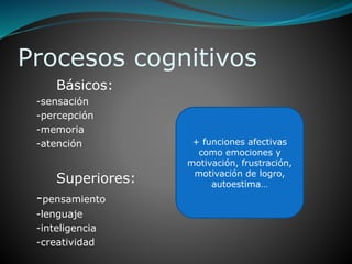 Procesos cognitivos
Básicos:
-sensación
-percepción
-memoria
-atención
Superiores:
-pensamiento
-lenguaje
-inteligencia
-creatividad
+ funciones afectivas
como emociones y
motivación, frustración,
motivación de logro,
autoestima…
 
