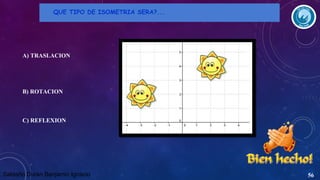 QUE TIPO DE ISOMETRIA SERA?...

A) TRASLACION

B) ROTACION

C) REFLEXION

Saldaño Durán Benjamin Ignacio

56

 