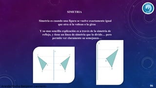 SIMETRIA
Simetría es cuando una figura se vuelve exactamente igual
que otra si la volteas o la giras
Y su mas sencilla explicación es a través de la simetría de
reflejo, y tiene un línea de simetría que la divide… pero
permite ver claramente su semejanza…

Aranda Rocha Benjamin Leonardo

06

 