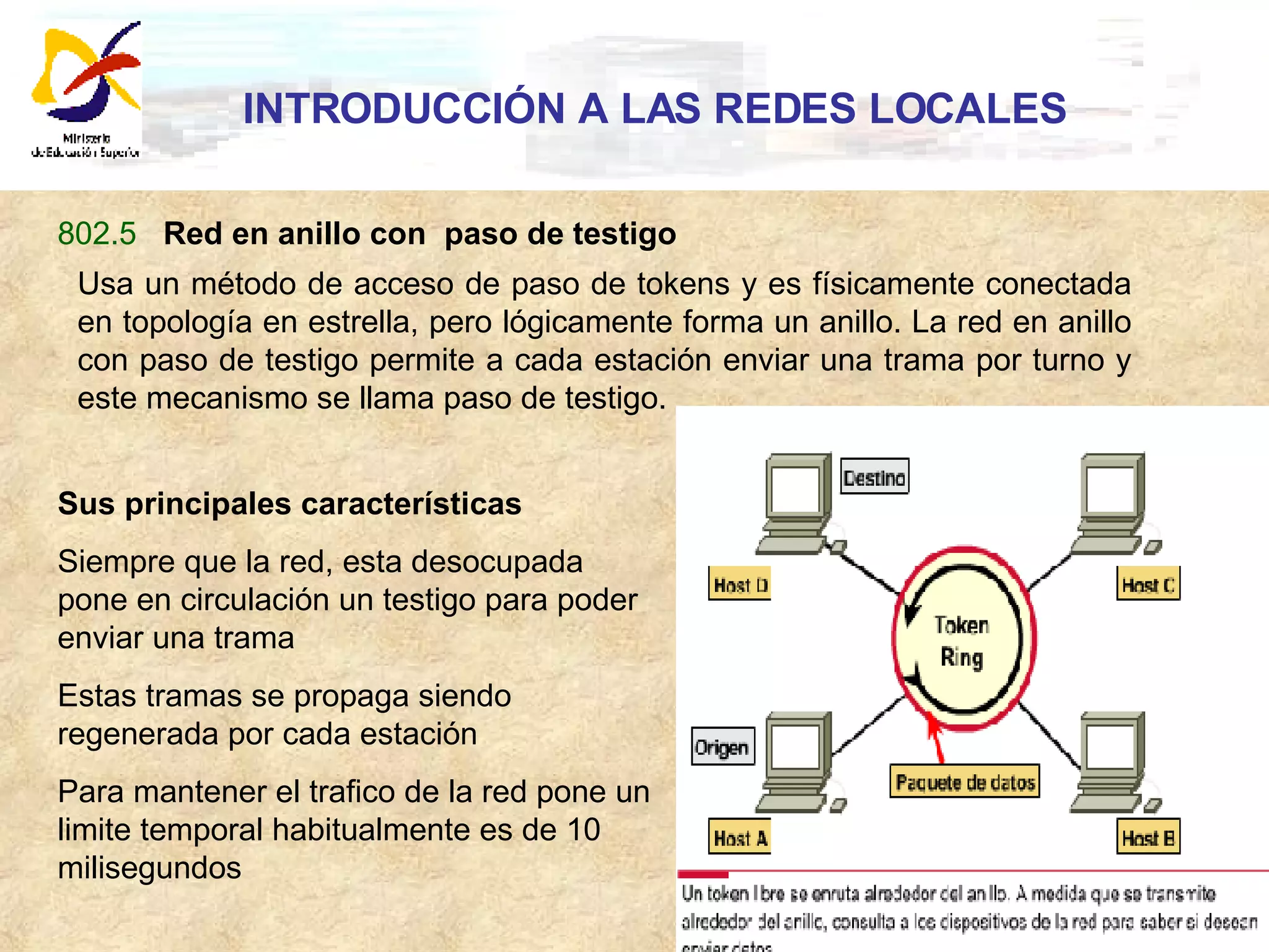 INTRODUCCIÓN A LAS REDES LOCALES Usa un método de acceso de paso de tokens y es físicamente conectada en topología en estrella, pero lógicamente forma un anillo. La red en anillo con paso de testigo permite a cada estación enviar una trama por turno y este mecanismo se llama paso de testigo. 802.5  Red en anillo con  paso de testigo Sus principales características  Siempre que la red, esta desocupada pone en circulación un testigo para poder enviar una trama Estas tramas se propaga siendo regenerada por cada estación Para mantener el trafico de la red pone un limite temporal habitualmente es de 10 milisegundos 