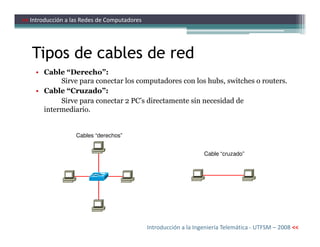 Tipos de cables de red
• Cable “Derecho”:
Sirve para conectar los computadores con los hubs, switches o routers.
• Cable “Cruzado”:
Sirve para conectar 2 PC’s directamente sin necesidad de
intermediario.
>> Introducción a las Redes de Computadores
Cables “derechos”
Cable “cruzado”
Introducción a la Ingeniería Telemática - UTFSM – 2008 <<
 