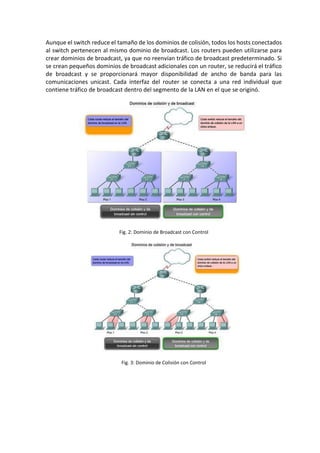 Aunque el switch reduce el tamaño de los dominios de colisión, todos los hosts conectados
al switch pertenecen al mismo dominio de broadcast. Los routers pueden utilizarse para
crear dominios de broadcast, ya que no reenvían tráfico de broadcast predeterminado. Si
se crean pequeños dominios de broadcast adicionales con un router, se reducirá el tráfico
de broadcast y se proporcionará mayor disponibilidad de ancho de banda para las
comunicaciones unicast. Cada interfaz del router se conecta a una red individual que
contiene tráfico de broadcast dentro del segmento de la LAN en el que se originó.
Fig. 2: Dominio de Broadcast con Control
Fig. 3: Dominio de Colisión con Control
 