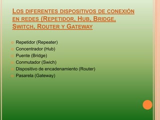 LOS DIFERENTES DISPOSITIVOS DE CONEXIÓN
EN REDES (REPETIDOR, HUB, BRIDGE,
SWITCH, ROUTER Y GATEWAY

   Repetidor (Repeater)
   Concentrador (Hub)
   Puente (Bridge)
   Conmutador (Swich)
   Dispositivo de encadenamiento (Router)
   Pasarela (Gateway)
 