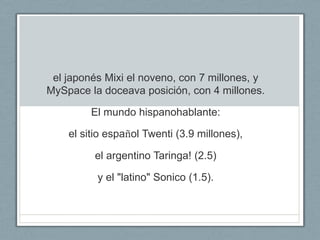 el japonés Mixi el noveno, con 7 millones, y
MySpace la doceava posición, con 4 millones.

         El mundo hispanohablante:

    el sitio español Twenti (3.9 millones),

         el argentino Taringa! (2.5)

          y el "latino" Sonico (1.5).
 