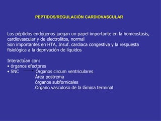 PEPTIDOS/REGULACIÓN CARDIOVASCULAR



Los péptidos endógenos juegan un papel importante en la homeostasis,
cardiovascular y de electrolitos, normal
Son importantes en HTA, Insuf. cardiaca congestiva y la respuesta
fisiológica a la deprivación de líquidos

Interactúan con:
• órganos efectores
• SNC         Órganos circum ventriculares
              Área postrema
              órganos subfornicales
              Órgano vasculoso de la lámina terminal
 