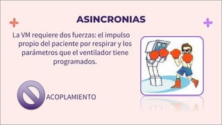 La VM requiere dos fuerzas: el impulso
propio del paciente por respirar y los
parámetros que el ventilador tiene
programados.
ACOPLAMIENTO
ASINCRONIAS
 