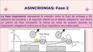 ASINCRONIAS: Fase 2
La fase inspiratoria representa la relación entre el flujo de entrega y el
esfuerzo del paciente y el segundo aliento es el aliento obligatorio, que tiene
un patrón de flujo constante, la forma de onda de presión durante la
respiración obligatoria indica que el flujo inspiratorio era inadecuado.
 