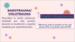 BAROTRAUMA/
VOLUTRAUMA
Describen la lesión pulmonar
mediada por alta presión
durante la insuflación y aquella
mediada por sobredistensión.
Diferencia entre la presión en las vías
aéreas (PA) y la presión pleural (PP)
 
