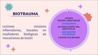 BIOTRAUMA
Lesiones celulares
inflamatorias, basadas en
mediadores biológicos de
mecanismos de lesión
-GENES
PROINFLAMATORIOS
-CITOQUINAS
-ALTERACIONES DEL
ENDOTELIO
-SECUESTRO
PULMONAR
-LESION PULMONAR
 