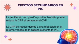 EFECTOS SECUNDARIOS EN
PIC
La ventilación con presión positiva también puede
reducir la CPP al aumentar el CVP.
La CPP se reduce debido a una reducción en el
retorno venoso de la cabeza aumenta la PIC.
 