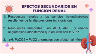 EFECTOS SECUNDARIOS EN
FUNCION RENAL
1. Respuestas renales a los cambios hemodinámicos
resultantes de la alta presiones intratorácicas.
2. Respuestas humorales en ADH, ANF y renina-
angiotensina-aldosterona que ocurren con la VPP.
3. pH, PaCO2 y PaO2 anormales que afectan al riñón.
 
