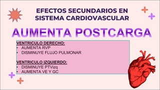 EFECTOS SECUNDARIOS EN
SISTEMA CARDIOVASCULAR
VENTRICULO DERECHO:
• AUMENTA RVP
• DISMINUYE FLUJO PULMONAR
VENTRICULO IZQUIERDO:
• DISMINUYE PTVizq
• AUMENTA VE Y GC
 