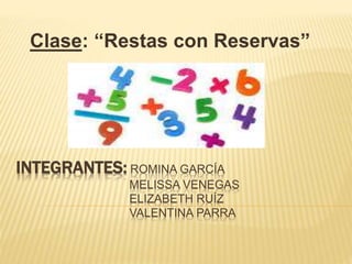 INTEGRANTES: ROMINA GARCÍA
MELISSA VENEGAS
ELIZABETH RUÍZ
VALENTINA PARRA
Clase: “Restas con Reservas”
 