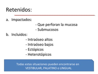 Retenidos:
a. Impactados:
- Que perforan la mucosa
- Submucosos
b. Incluidos:
- Intraóseo altos
- Intraóseo bajos
- Ectópicos
- Heterotópicos
Todas estas situaciones pueden encontrarse en
VESTIBULAR, PALATINO o LINGUAL
 