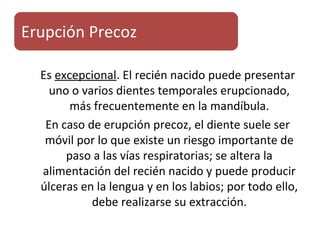 Es excepcional. El recién nacido puede presentar
uno o varios dientes temporales erupcionado,
más frecuentemente en la mandíbula.
En caso de erupción precoz, el diente suele ser
móvil por lo que existe un riesgo importante de
paso a las vías respiratorias; se altera la
alimentación del recién nacido y puede producir
úlceras en la lengua y en los labios; por todo ello,
debe realizarse su extracción.
Erupción Precoz
 