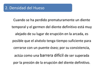 Cuando se ha perdido prematuramente un diente
temporal y el germen del diente definitivo está muy
alejado de su lugar de erupción en la arcada, es
posible que el alvéolo tenga tiempo suficiente para
cerrarse con un puente óseo; por su consistencia,
actúa como una barrera difícil de ser superada
por la presión de la erupción del diente definitivo.
2. Densidad del Hueso
 