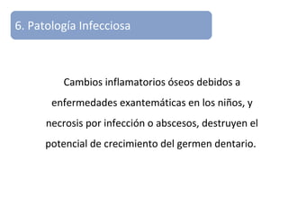 Cambios inflamatorios óseos debidos a
enfermedades exantemáticas en los niños, y
necrosis por infección o abscesos, destruyen el
potencial de crecimiento del germen dentario.
6. Patología Infecciosa
 