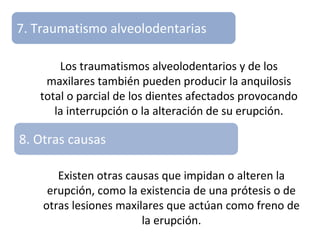 Los traumatismos alveolodentarios y de los
maxilares también pueden producir la anquilosis
total o parcial de los dientes afectados provocando
la interrupción o la alteración de su erupción.
7. Traumatismo alveolodentarias
8. Otras causas
Existen otras causas que impidan o alteren la
erupción, como la existencia de una prótesis o de
otras lesiones maxilares que actúan como freno de
la erupción.
 