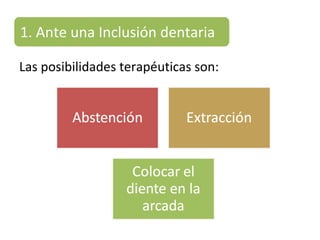 Las posibilidades terapéuticas son:
1. Ante una Inclusión dentaria
 
