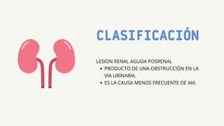 CLASIFICACIÓN
PRODUCTO DE UNA OBSTRUCCIÓN EN LA
VIA URINARIA.
ES LA CAUSA MENOS FRECUENTE DE AKI.
LESION RENAL AGUDA POSRENAL
 