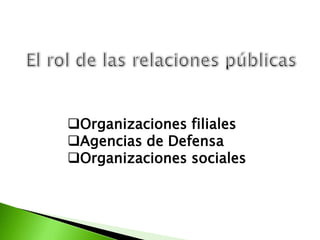 Organizaciones filiales
Agencias de Defensa
Organizaciones sociales
 