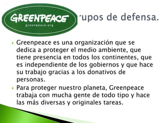    Greenpeace es una organización que se
    dedica a proteger el medio ambiente, que
    tiene presencia en todos los continentes, que
    es independiente de los gobiernos y que hace
    su trabajo gracias a los donativos de
    personas.
   Para proteger nuestro planeta, Greenpeace
    trabaja con mucha gente de todo tipo y hace
    las más diversas y originales tareas.
 