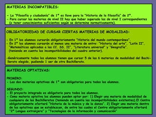MATERIAS INCOMPATIBLES: -  La “Filosofía y ciudadanía” de 1º es llave para la “Historia de la filosofía” de 2º. - Para cursar las materias de nivel II hay que haber superado las de nivel I correspondientes (o tener conocimientos suficientes según se determine normativamente). OBLIGATORIEDAD DE CURSAR CIERTAS MATERIAS DE MODALIDAD: - En 1º los alumnos cursarán obligatoriamente “Historia del mundo contemporáneo”. - En 2º los alumnos cursarán al menos una materia de entre: “Historia del arte”, “Latín II”, “ Matemáticas aplicadas a las CC. SS. II”, “Literatura universal” y “Geografía”. (teniendo en cuenta las incompatibilidades del cuadro anterior). -Genéricamente todos los alumnos tienen que cursar 5 de las 6 materias de modalidad del Bachi- llerato elegido, pudiendo 1 ser de otro Bachillerato. MATERIAS OPTATIVAS: PRIMERO: - Las dos materias optativas de 1º son obligatorias para todos los alumnos. SEGUNDO: - El proyecto integrado es obligatorio para todos los alumnos. - Como materia optativa los alumnos pueden optar por: 1) Elegir una materia de modalidad de cualquiera de los Bachilleratos (teniendo en cuenta las incompatibilidades existentes).El Centro obligatoriamente ofertará “Historia de la música y de la danza”. 2) Elegir una materia dentro  de las optativas que se establezcan, de entre las cuales el Centro obligatoriamente ofertará “ 2ª Lengua extranjera” y “Tecnologías de la información y comunicación” 