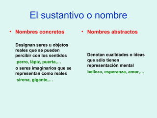 El sustantivo o nombre
• Nombres concretos
Designan seres u objetos
reales que se pueden
percibir con los sentidos
perro, lápiz, puerta,…
o seres imaginarios que se
representan como reales
sirena, gigante,…
• Nombres abstractos
Denotan cualidades o ideas
que sólo tienen
representación mental
belleza, esperanza, amor,…
 