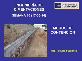 Mag. Natividad Sánchez 
MUROS DE CONTENCION 
INGENIERÍA DE CIMENTACIONES 
SEMANA 10 (17-05-14)  