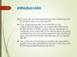 Introducción
 Es una de las herramientas más utilizadas en
el diseño de circuitos de RF.
 Fue originalmente concebida en los
Laboratorios Bell por un ingeniero llamado
Phillip Smith (1939), quien quiso obtener un
método más sencillo a los de la época para
resolver las ecuaciones repetitivas y tediosas
que frecuentemente aparecen en la teoría
de RF.
 Los cálculos fasoriales pueden ser resueltos
gráficamente, simplificando los cálculos con
mínimas posibilidades de error.
2
 